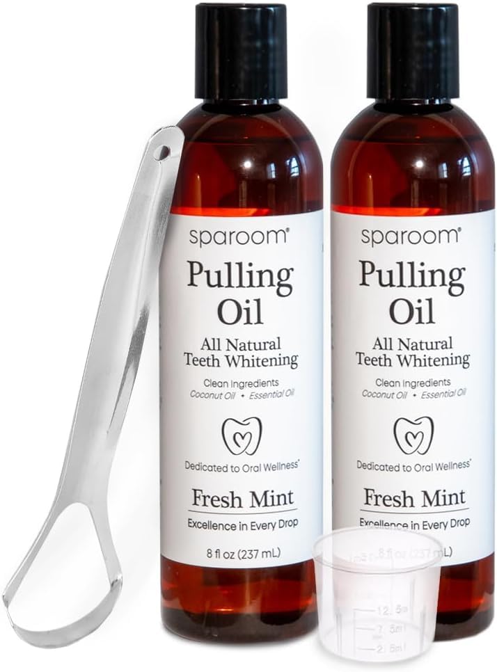 SpaRoom Ayurveda Pulling Oil Mouthwash & Tongue Scraper – Fresh Mint (8 Fl. Oz, 2-Pack)